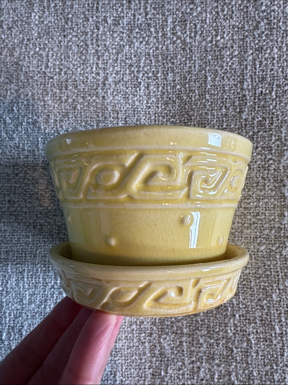 Vintage McCoy USA Yellow Ceramic Planter with Saucer Embossed Geometric Design